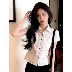 批发独特漂亮巨好看女装上衣时尚洋气小众不撞款红色Polo领<b class='q'>波点</b><b class='q'>衬衫</b>春