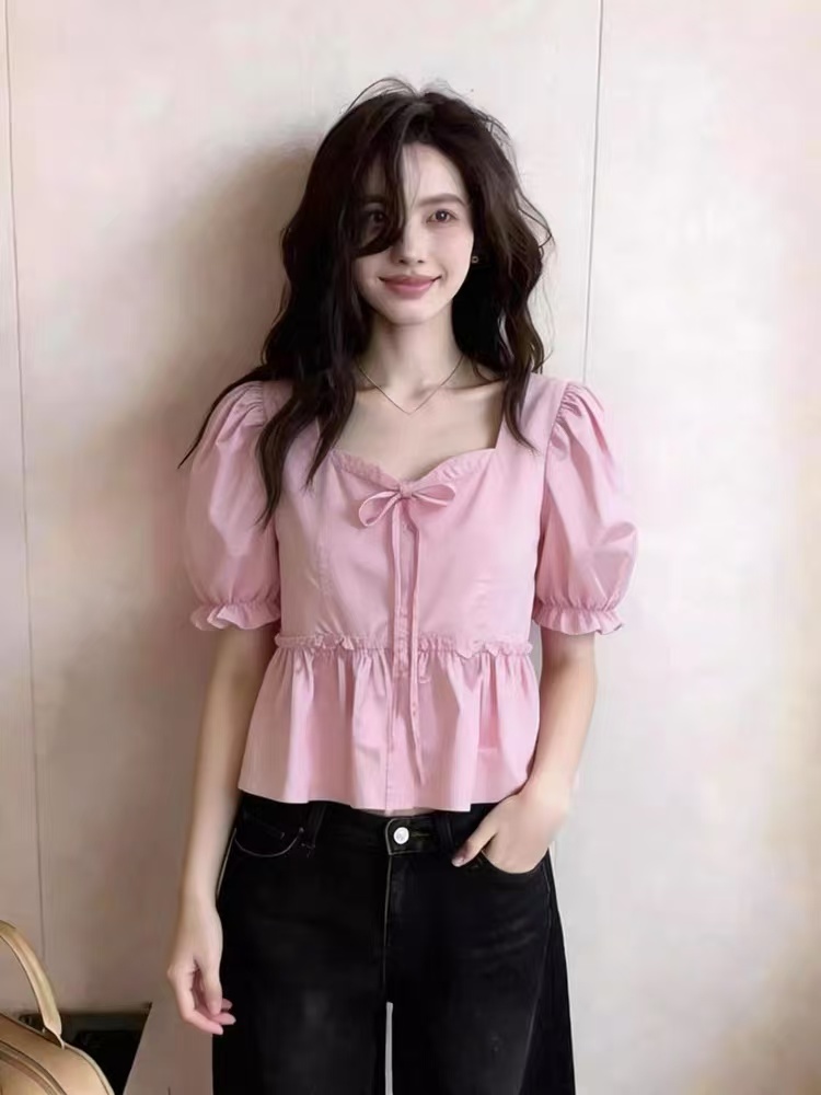 핑크색 광장 칼라 거품 소매 레이스업 인형 셔츠 맨위 여성 부드러운 바람 허리 수축 슬림해 보이는 품격 출퇴근 반팔 셔츠
