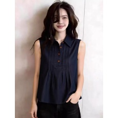 批发超好看藏青色<b class='q'>无袖</b>压褶背心女温柔风复古翻领显瘦气质通勤百搭上衣