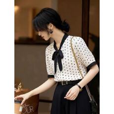 批发法式波点衬衫女夏季新款高级感减龄蝴蝶结设计感衬衣<b class='q'>白色</b>小上衣