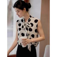 批发法式v领<b class='q'>波点</b>挂脖飘带无袖背心女夏季气质轻熟风宽松复古洋气上衣