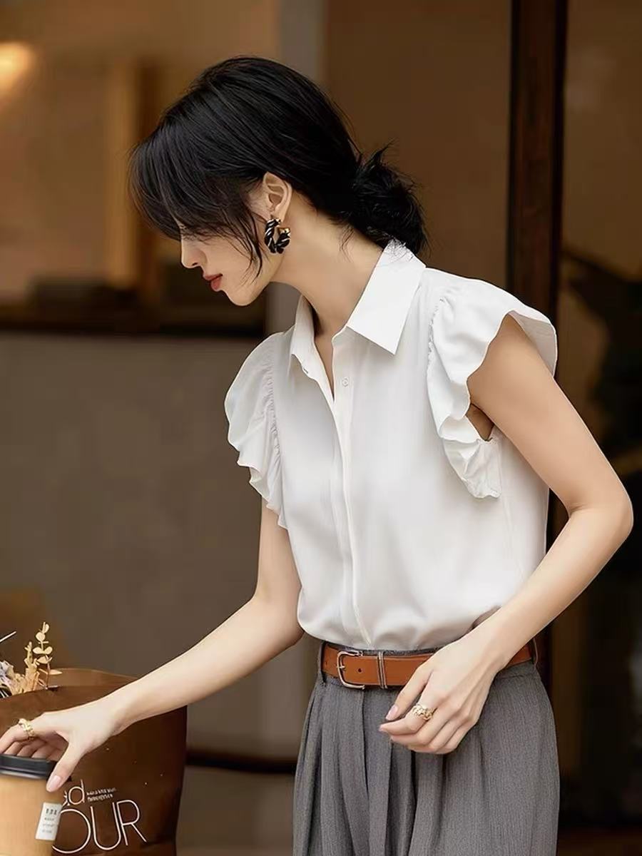 프랑스식 프릴 작은 날다 소매 여성 셔츠 여름 새로운 화이트 POLO 칼라 고급 센스 출퇴근 패션 다용도 맨위