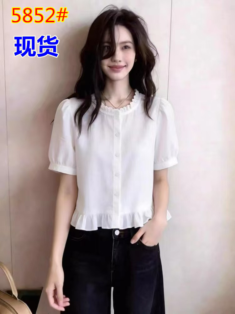 프랑스식 프릴 화이트 반팔 여성 셔츠 프릴 밑단 허리 수축 부드러운 바람 출퇴근 다용도 슬림해 보이는 맨위