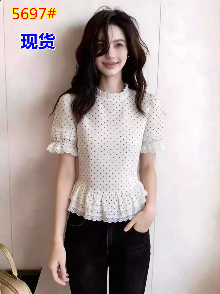 화이트 도트 무늬 프릴 허리 수축 맨위 여성 여름 새로운 슬림해 보이는 연령 감소 다용도 레이스 레이스 반팔 셔츠