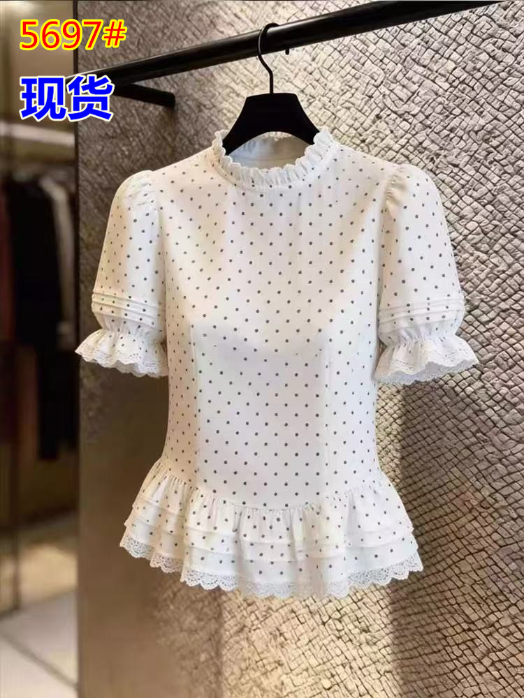 화이트 도트 무늬 프릴 프릴 맨위 여름 새로운 허리 수축 슬림해 보이는 레이스 레이스 다용도 반팔 셔츠