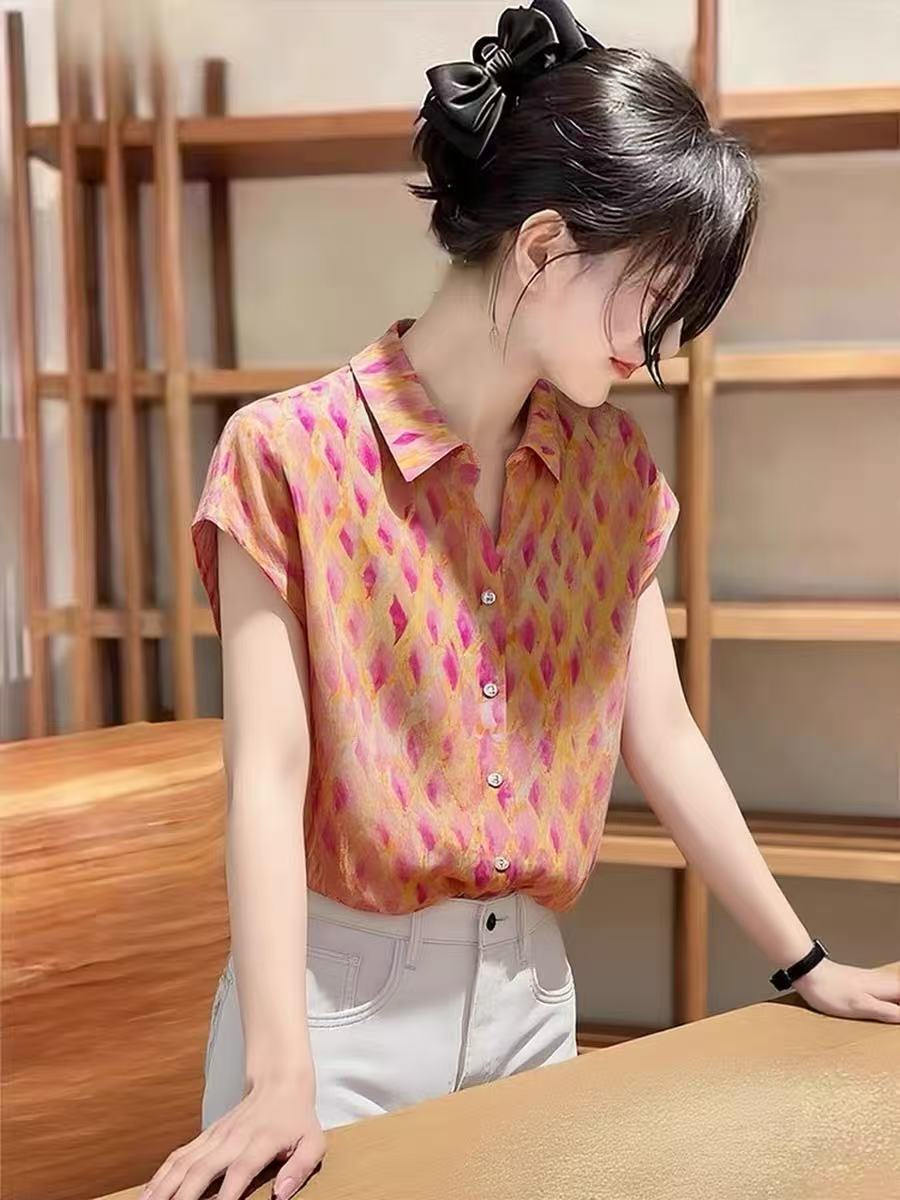 패션 고급 센스 프린트 폴로 칼라 반팔 티셔츠 여성 2026 여름 새로운 루즈핏 Chic 연령 감소 다용도 맨위