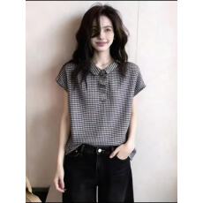 批发黑白色细格纹翻领短袖<b class='q'>T</b><b class='q'>恤</b>女2026夏季新款宽松慵懒风百搭通勤上衣