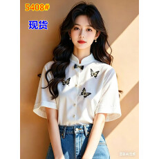 批发新中式国风<b class='q'>女装</b>白色立领蝴蝶印花衬衫轻奢高级感上衣独特绝美短袖