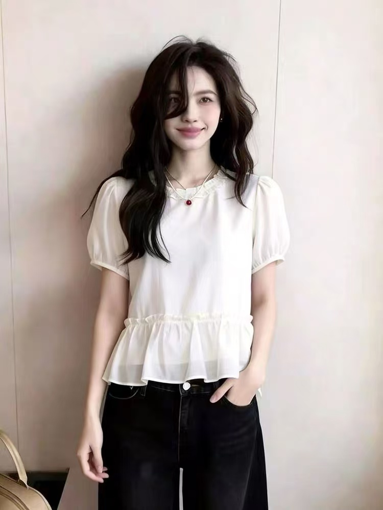 화이트 프릴 거품 소매 여성 셔츠 여름 새로운 부드러운 바람 외국 가스 허리 수축 슬림해 보이는 다용도 반팔 맨위