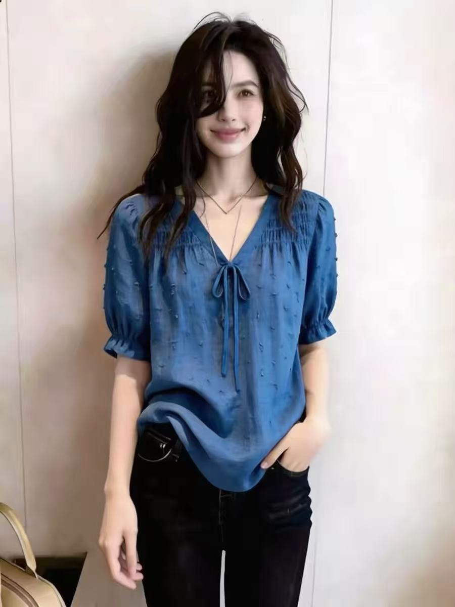 작은 대중 Chic 파란색 V넥 반팔 여성 셔츠 슬림해 보이는 루즈핏 나비 매듭 프릴 맨위 슈퍼 잘 생긴 2026