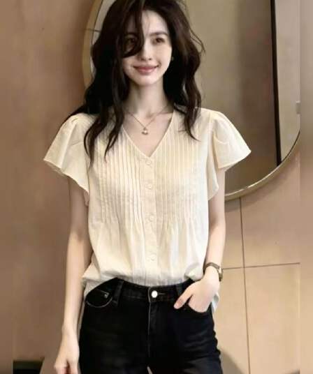 부드러운 바람 연령 감소 밝은색 플리츠 Feifei 소매 여성 셔츠 여름 슬림해 보이는 인형 셔츠 통기성 다용도 출퇴근 맨위