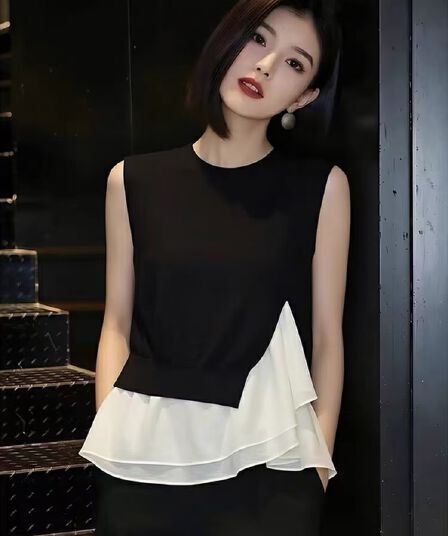 작은 대중 출퇴근 슬림해 보이는 민소매 페이크 레이어드 조끼 여성 의류 여름 2026 년 새로운 맨위 미니멀리즘 고유 한 작은 셔츠