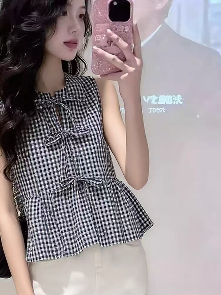 고유 한 레트로 다용도 체크무늬 민소매 여성 셔츠 여름 2026 년 새로운 패션 미니멀리즘 반팔 캐주얼 셔츠