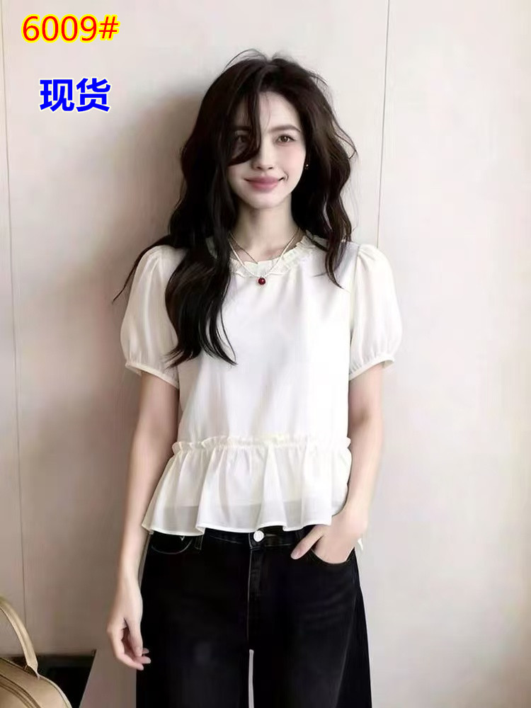 화이트 프릴 거품 소매 여성 셔츠 여름 새로운 부드러운 바람 외국 가스 허리 수축 슬림해 보이는 다용도 반팔 맨위