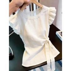 批发度假风荷叶边绑带上衣女时髦洋气休闲设计感气质白色<b class='q'>短</b>袖时尚新款