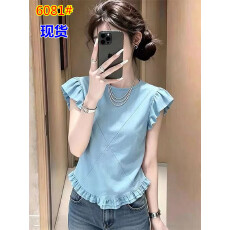 批发甜美风蓝色圆领花苞袖<b class='q'>T</b><b class='q'>恤</b>女2026夏季新款荷叶边时尚<b class='q'>百搭</b>休闲上衣