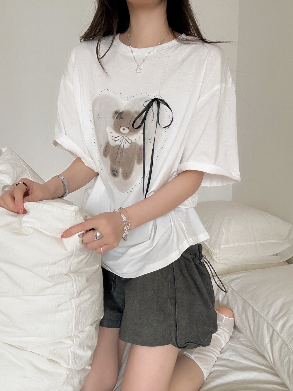한 부서 달콤함 다용도 귀여운 작은 곰 프린트 부서 리본 반팔 티셔츠