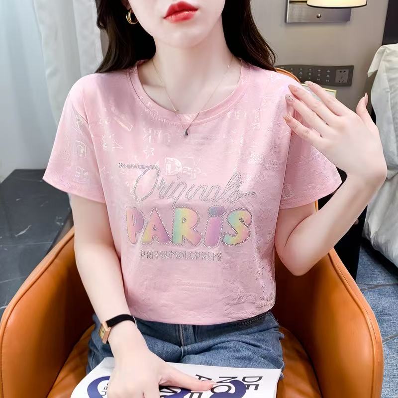 실사 핑크색 긍정적 인 어깨 반팔 티셔츠 여성 의류 여름 2026 새로운 무거운 작업 핫픽스 루즈핏 반소매 맨위