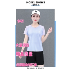 批发美丽冰丝速干女士套装运动短袖短裤两件套夏季新款户外跑步健身做