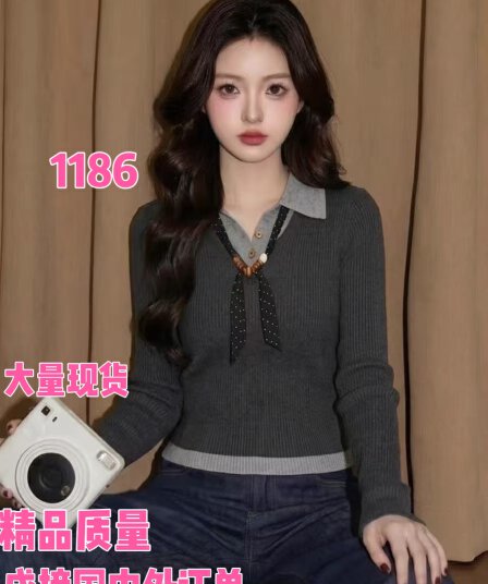 페이크 레이어드 polo 폴로 칼라 긴팔 니트 스웨터 여성 2026 가을 새로운 착용 가져 가라. 몸매 가꾸기 디자인 센스 한 첨부 된 의류