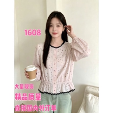 批发韩系设计感~撞色圆领波点棉短袖<b class='q'>衬衫</b>通勤时尚上衣