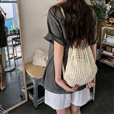 批发韩版ins小清新抽绳包包女新款文艺双肩斜挎多用包镂空编织包