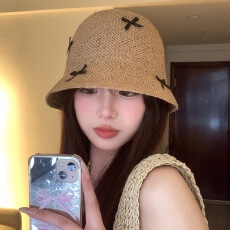 海边度假草帽女夏季蝴蝶结草编出游海边透气遮阳防晒渔夫水桶帽子