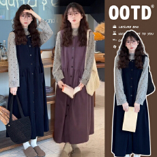 批发孕妇秋冬韩系复古简约宽松灯芯绒圆领单排扣无袖背心<b class='q'>百搭</b>连衣裙子