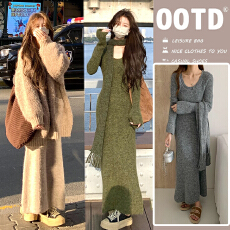 批发孕妇装有货秋冬优雅气质显瘦弹力针织U领长裙+围巾毛衣连衣裙