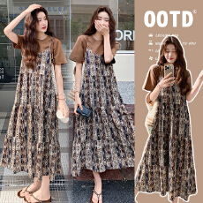 批发复古碎花吊带连衣裙T恤套装女2026夏季新款法式高级感显瘦中<b class='q'>长裙</b>