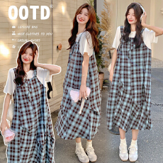 批发孕妇夏季宽松洋气格子拼接假两件连衣裙2026夏减龄设计感慵懒长裙