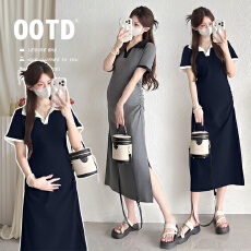 批发实拍孕妇<b class='q'>夏</b>季短袖翻领气质修身显瘦开叉弹力中长款连衣裙