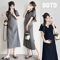 批发实拍孕妇<b class='q'>夏</b>季短袖翻领气质修身显瘦开叉弹力中长款连衣裙