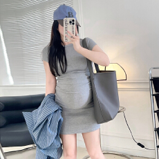 现H孕妇夏季辣妈褶皱修身短袖高弹力T恤连衣裙短袖打底裙衬衫套装