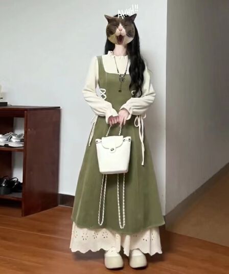 프랑스식 레트로 페이크 레이어드 녹색 드레스 아이들 가을 겨울철 2025 새로운 품격 고급 센스 허리 수축 롱 스커트