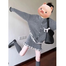 批发韩风chic一整套装女秋冬新款灰色圆领针织开衫木耳边<b class='q'>半身裙</b>两件套