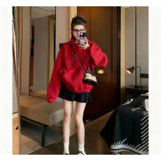 批发红色<b class='q'>套头卫衣</b><b class='q'>女</b>秋冬加绒加厚美式复古宽松休闲酷飒连帽上衣套装