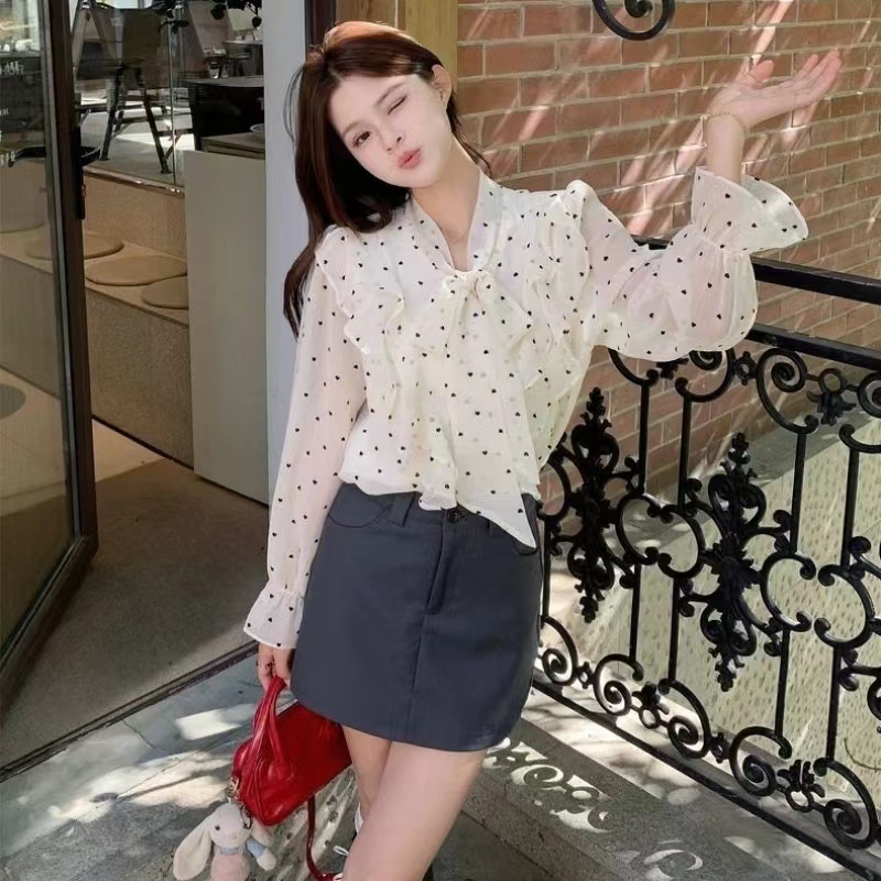 망사 도트 무늬 꽃잎 소매 얇은 스타일 자외선 차단 레이스 기본 셔츠 나비 매듭 쉬폰 셔츠 여성 의류 셔츠 맨위 여름