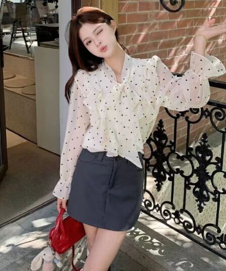 망사 도트 무늬 꽃잎 소매 얇은 스타일 자외선 차단 레이스 기본 셔츠 나비 매듭 쉬폰 셔츠 여성 의류 셔츠 맨위 여름