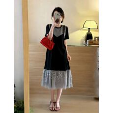 批发黑灰色亮片短袖<b class='q'>连衣裙</b>女2026夏季新款遮肚宽松拼接网纱<b class='q'>假两件</b>长裙