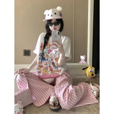 批发2026新款韩系休闲套<b class='q'>装</b> 宽松涂鸦<b class='q'>T</b><b class='q'>恤</b>+高腰显瘦粉格阔腿