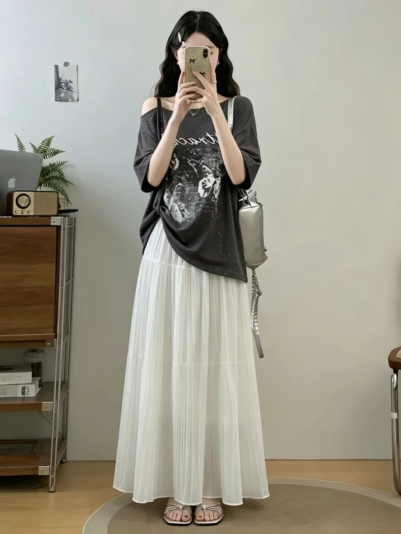 빅 사이즈 여름 새로운 지방 mm 아메리칸 핫걸 오프숄더 슬림해 보이는 프린트 티셔츠 하이웨이스트 플리츠 반신 스커트 투피스 세트