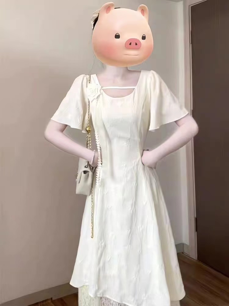 프랑스식 부드러운 바람 3 차원 꽃 광장 칼라 드레스 2026 새로운 올해 인기 폭발 허리 수축 슬림해 보이는 치마