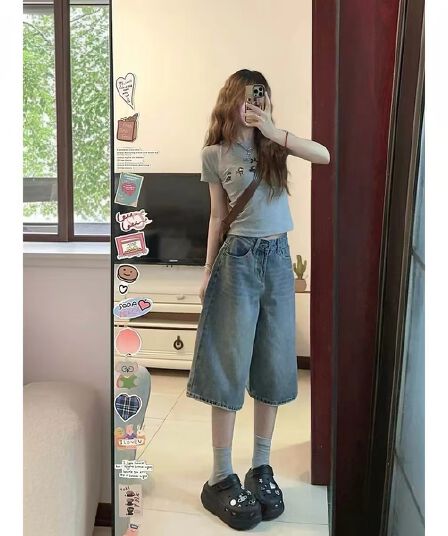 여름 작은 대중 조수 브랜드 닥스 훈트 프린트 몸매 가꾸기 슬림해 보이는 다용도 쇼트 스타일 맨위 진한 파란색 7 점 청바지 세트