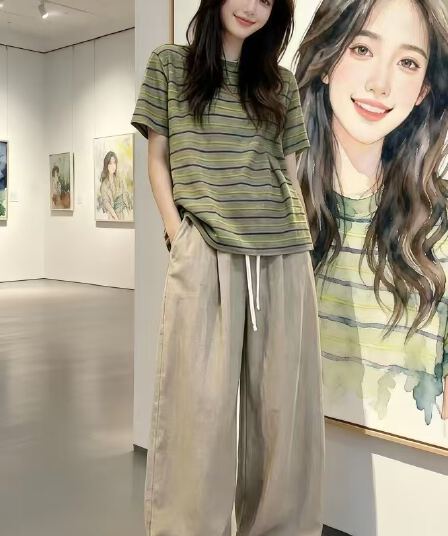 여름 코디 전체 집합 2026 빛 요리 한 아름다운 고유 한 아름다운 품격 스트라이프 맨위 캐주얼 바지 두 조각 여성 세트