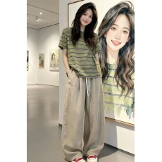 批发夏季搭配一整套2026轻熟漂亮独特绝美气质条纹上衣休闲<b class='q'>裤</b>两件套女