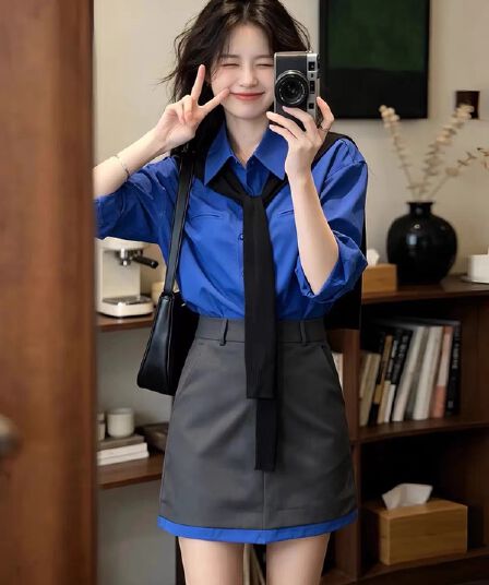 2026 조기 가을 새로운 한국 스타일 톰 글 래 원인 블루 패션 다용도 숄 셔츠 하이웨이스트 반 스커트 세 조각 세트
