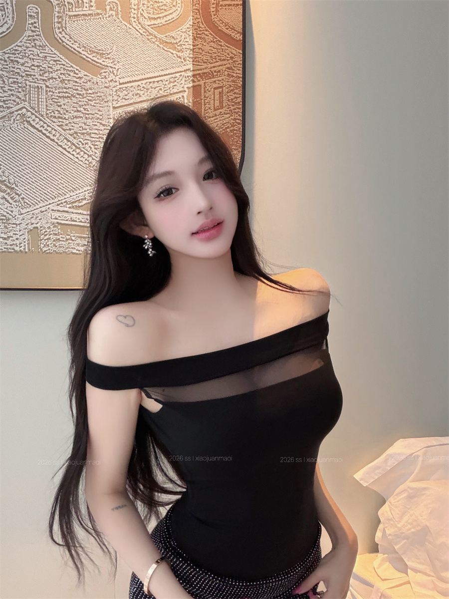 실사 정가 오프숄더 홀로우 아웃 망사 패치워크 몸매 가꾸기 슬림해 보이는 순수한 욕망 핫걸 맨위