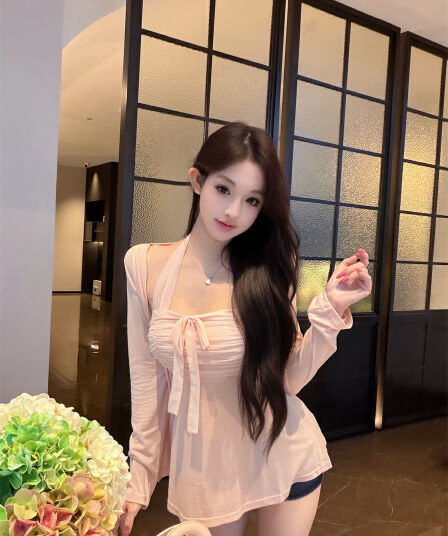 실사 정가 순수한 욕망 망사 패치워크 행침 목 슬립 자외선 차단 오픈 가디건 천 골드 센스 부드러운 품격 몸매 가꾸기 투피스 세트