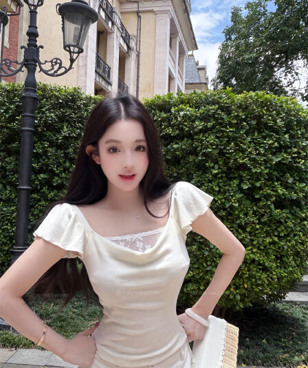 실사 정가 순수한 욕망 레이스 조각 페이크 레이어드 흔들다 칼라 몸매 가꾸기 슬림해 보이는 반팔 맨위